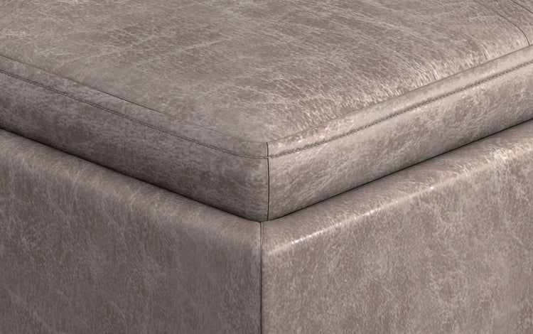 Distressed Grey Taupe Distressed Vegan Leather | Rockwood Vegan Leather Cube Storage Ottoman with Tray