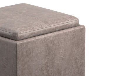 Distressed Grey Taupe Distressed Vegan Leather | Rockwood Vegan Leather Cube Storage Ottoman with Tray