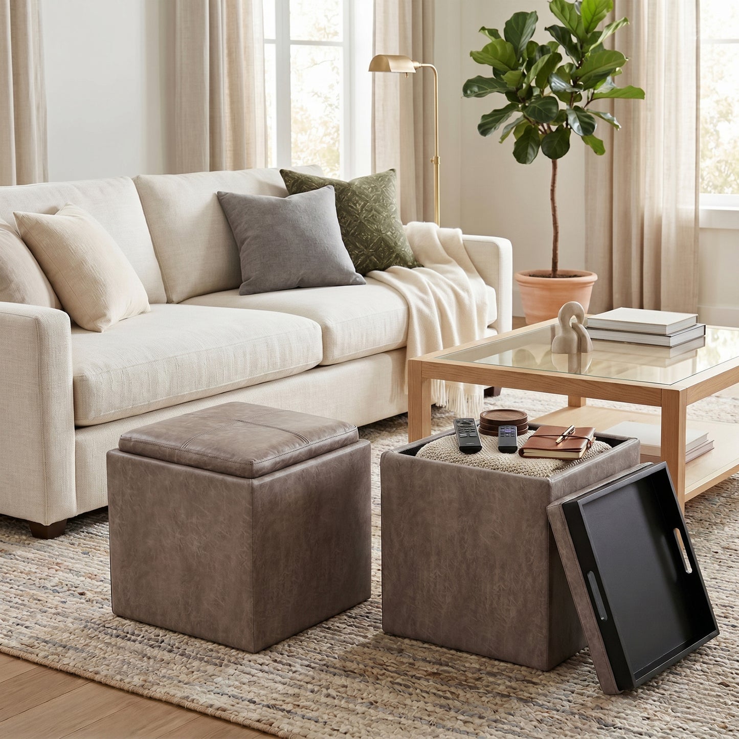 Distressed Grey Taupe Distressed Vegan Leather | Rockwood Vegan Leather Cube Storage Ottoman with Tray
