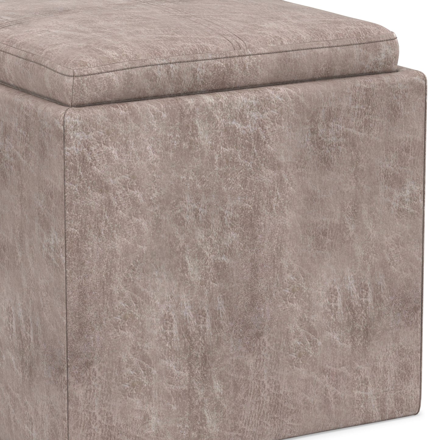 Distressed Grey Taupe Distressed Vegan Leather | Rockwood Vegan Leather Cube Storage Ottoman with Tray