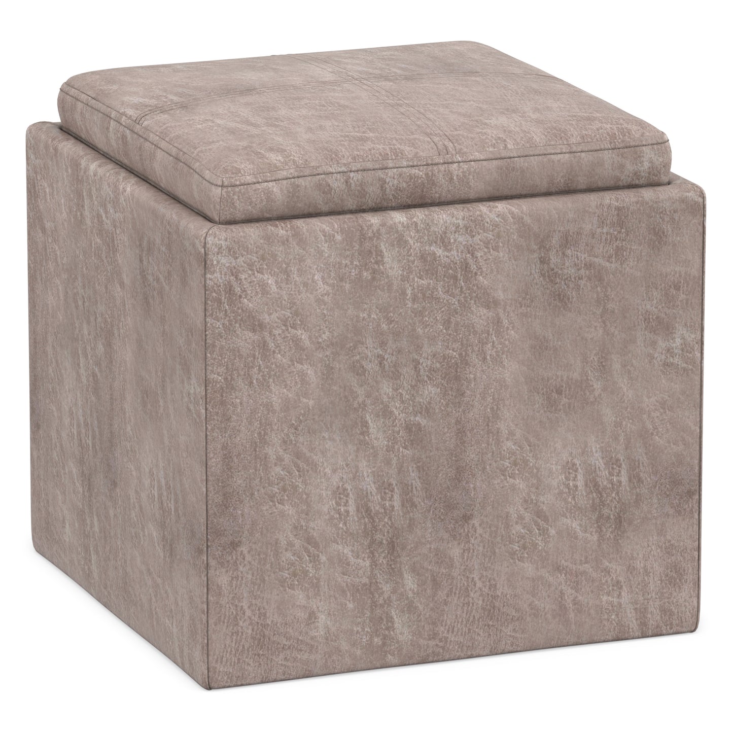 Distressed Grey Taupe Distressed Vegan Leather | Rockwood Vegan Leather Cube Storage Ottoman with Tray