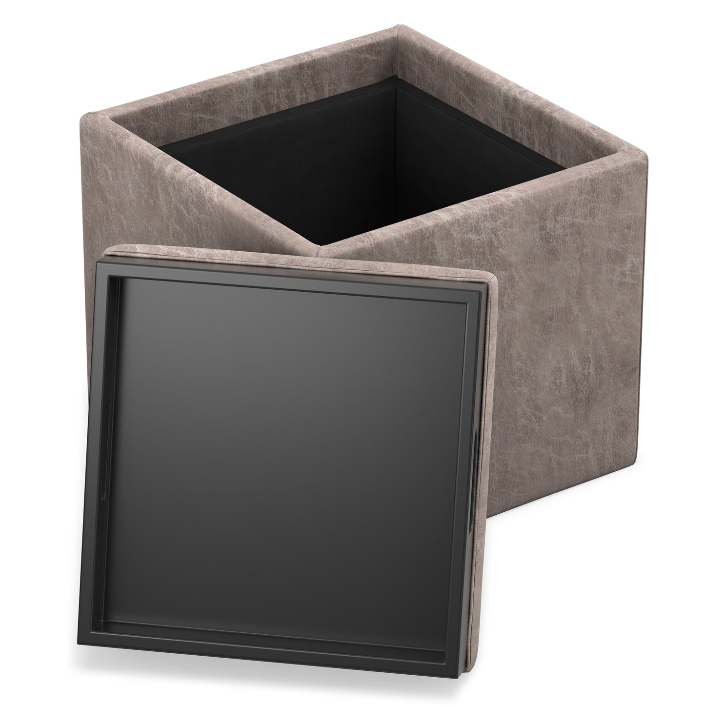 Distressed Grey Taupe Distressed Vegan Leather | Rockwood Vegan Leather Cube Storage Ottoman with Tray