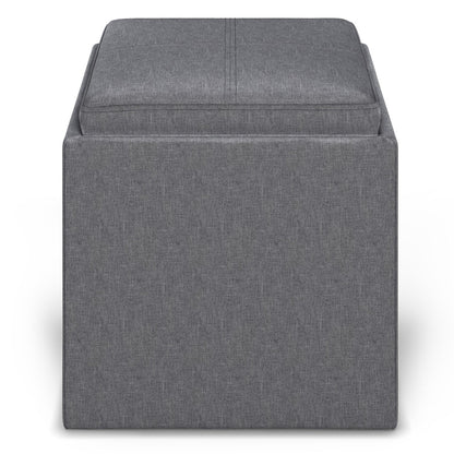 Slate Grey Linen Style Fabric | Rockwood Vegan Leather Cube Storage Ottoman with Tray