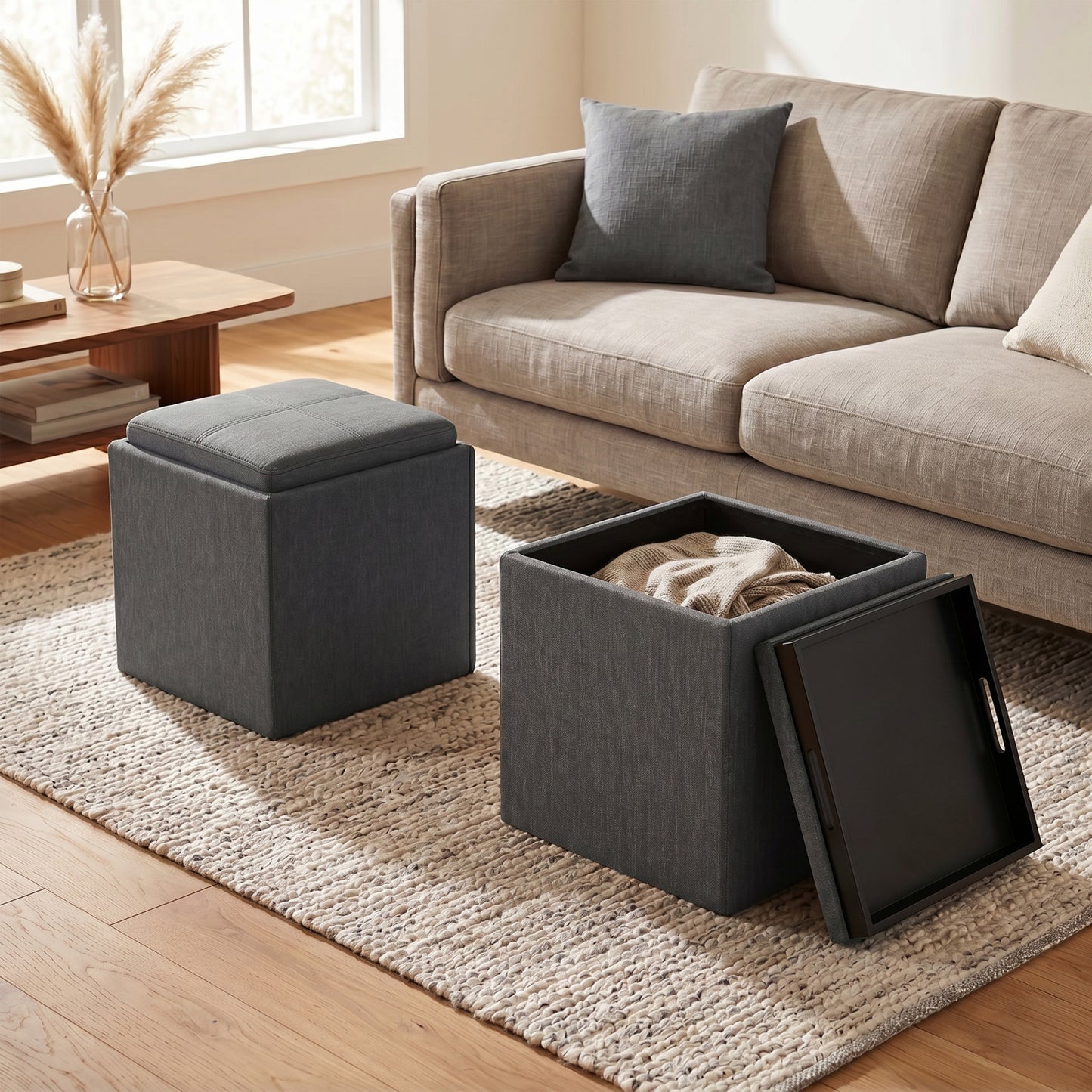 Slate Grey Linen Style Fabric | Rockwood Cube Storage Ottoman in Linen
