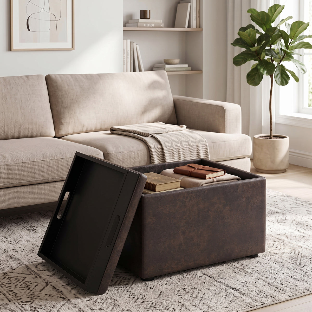 Distressed Brown | Rockwood 24 inch Square Storage Ottoman with Tray Top
