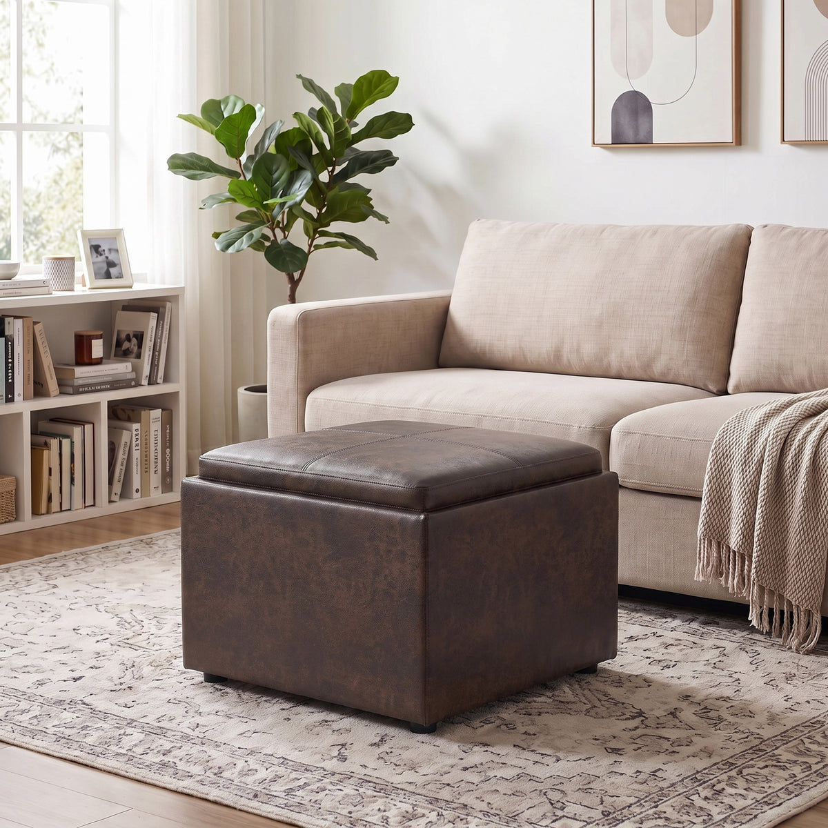 Distressed Brown | Rockwood 24 inch Square Storage Ottoman with Tray Top