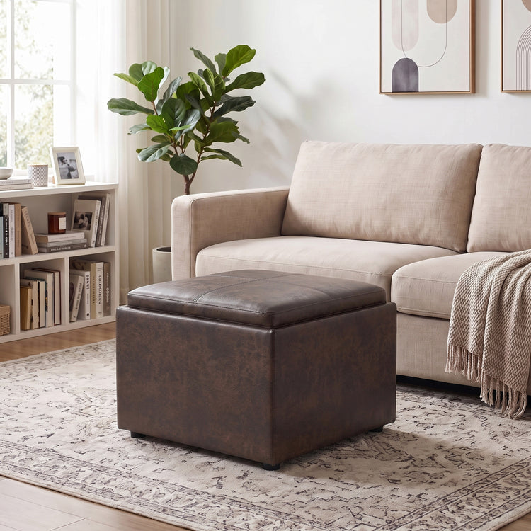 Distressed Brown | Rockwood 24 inch Square Storage Ottoman with Tray Top
