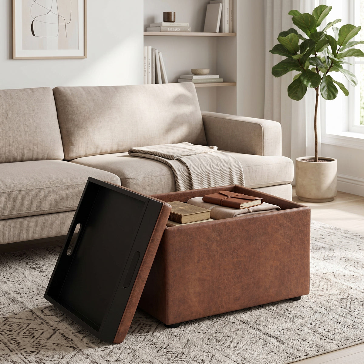 Distressed Saddle Brown | Rockwood 24 inch Square Storage Ottoman with Tray Top