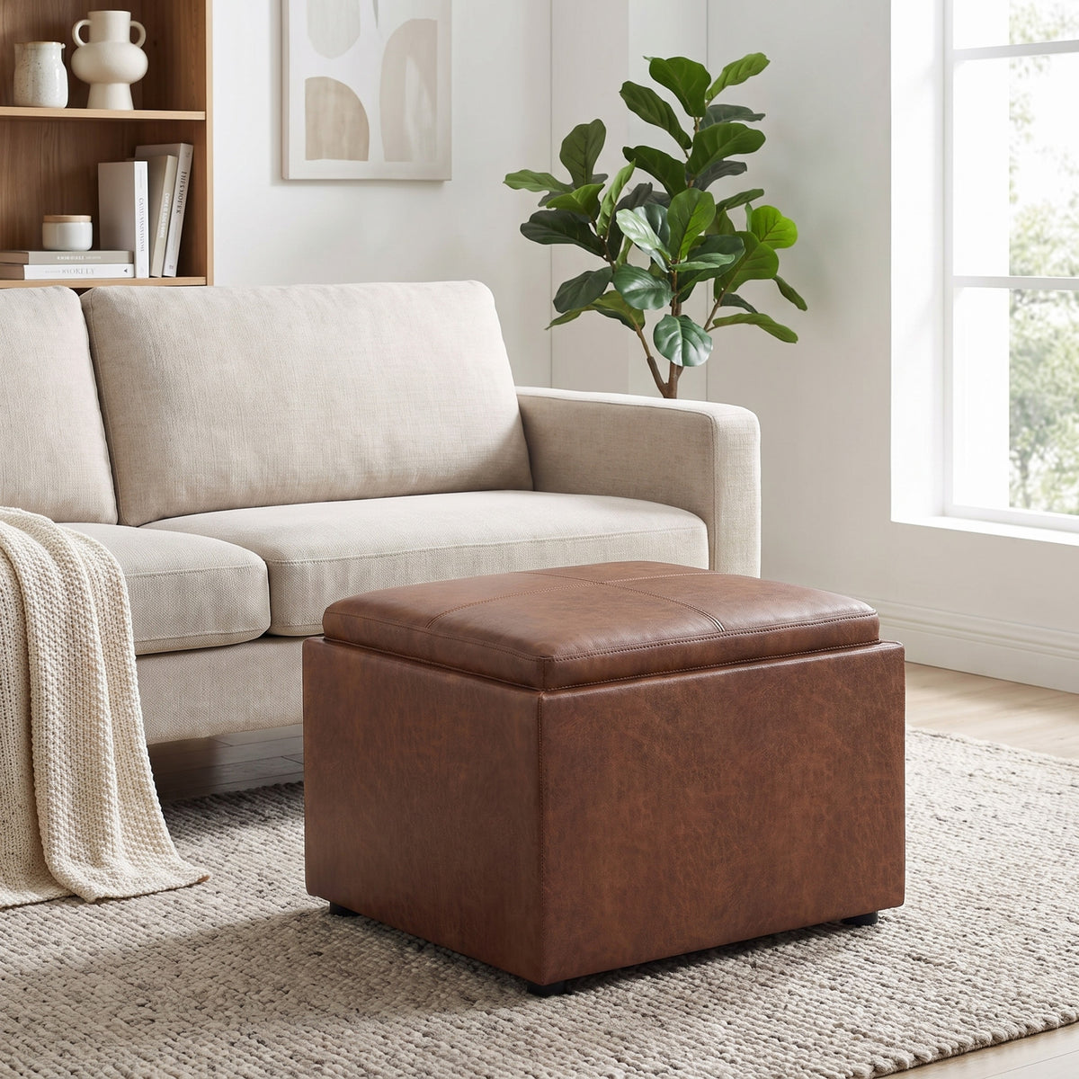 Distressed Saddle Brown | Rockwood 24 inch Square Storage Ottoman with Tray Top