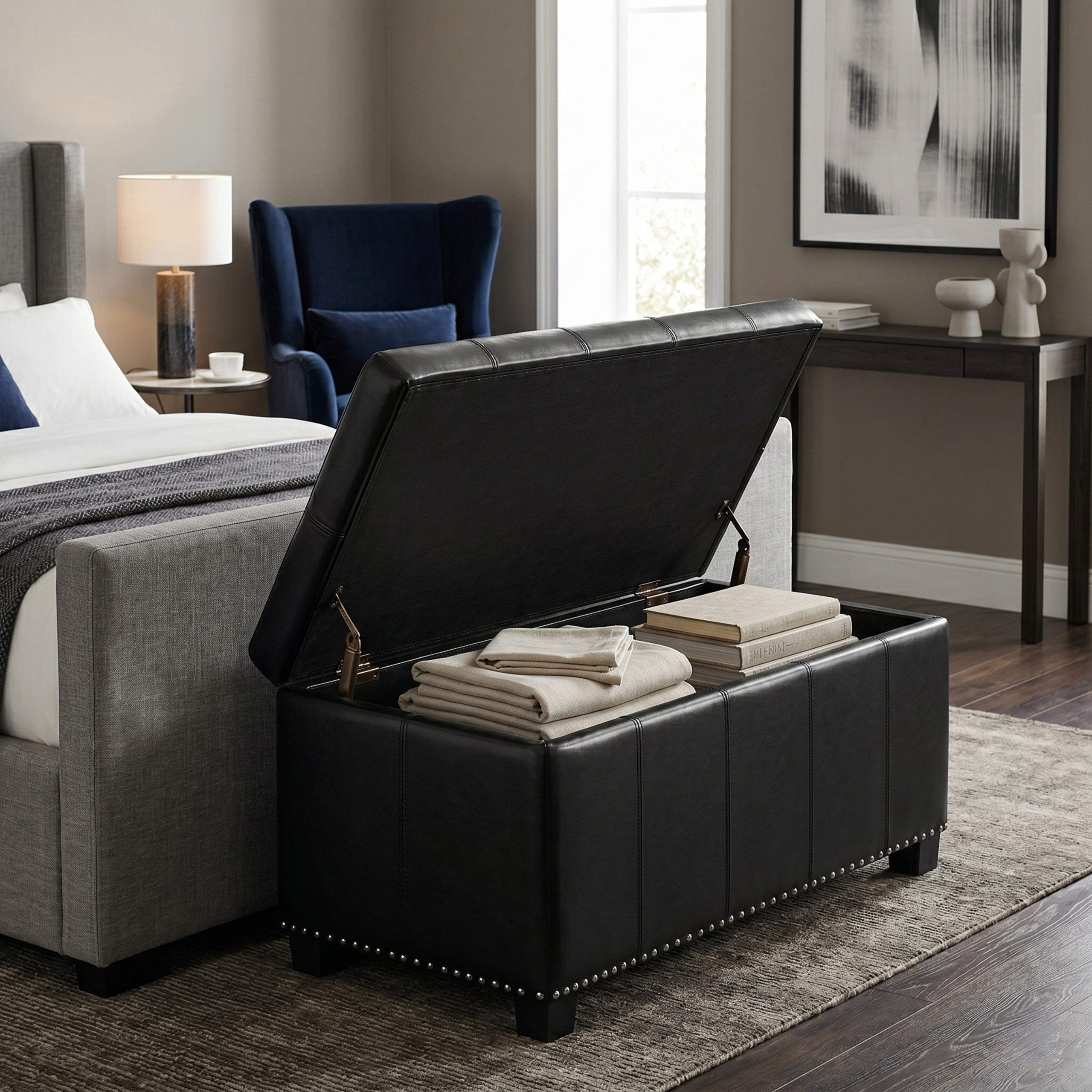 Midnight Black Vegan Leather | Amelia Storage Ottoman Bench