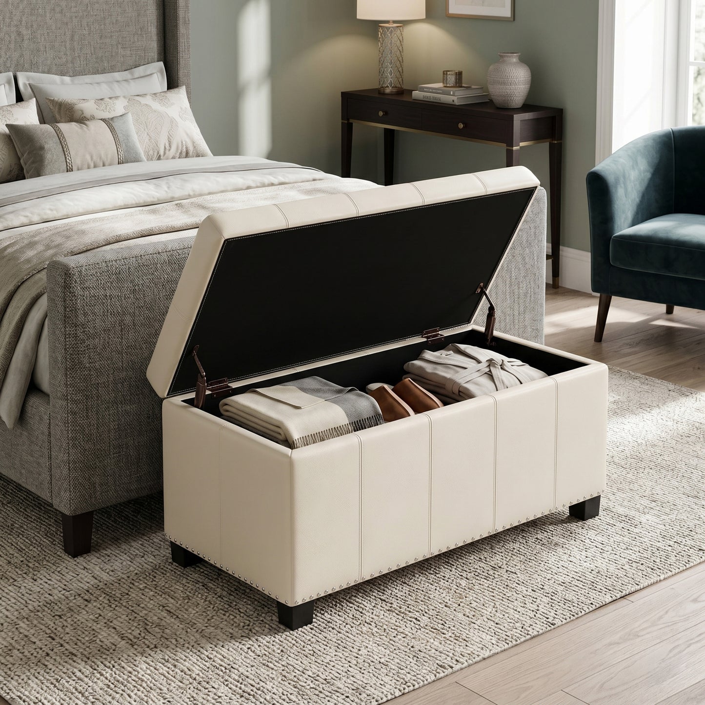 Satin Cream Vegan Leather | Amelia Storage Ottoman Bench