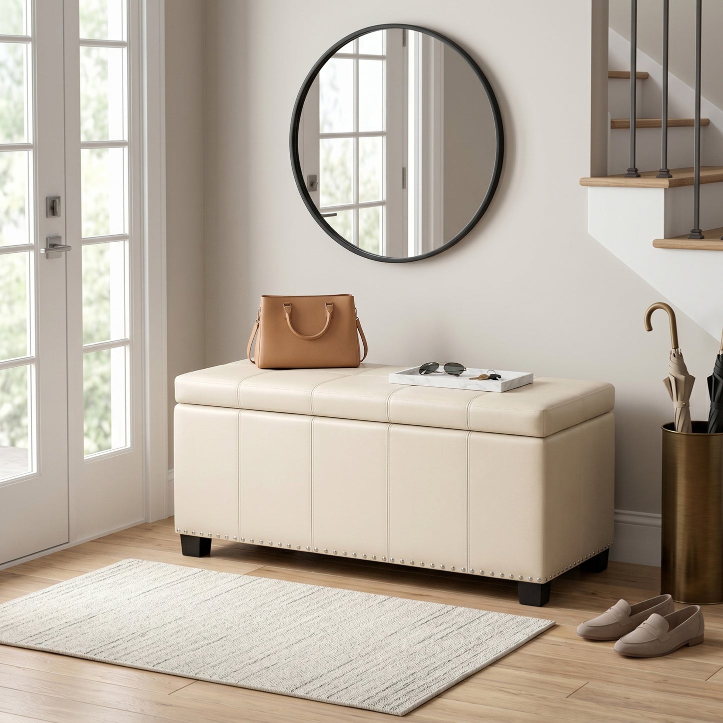 Satin Cream Vegan Leather | Amelia Storage Ottoman Bench