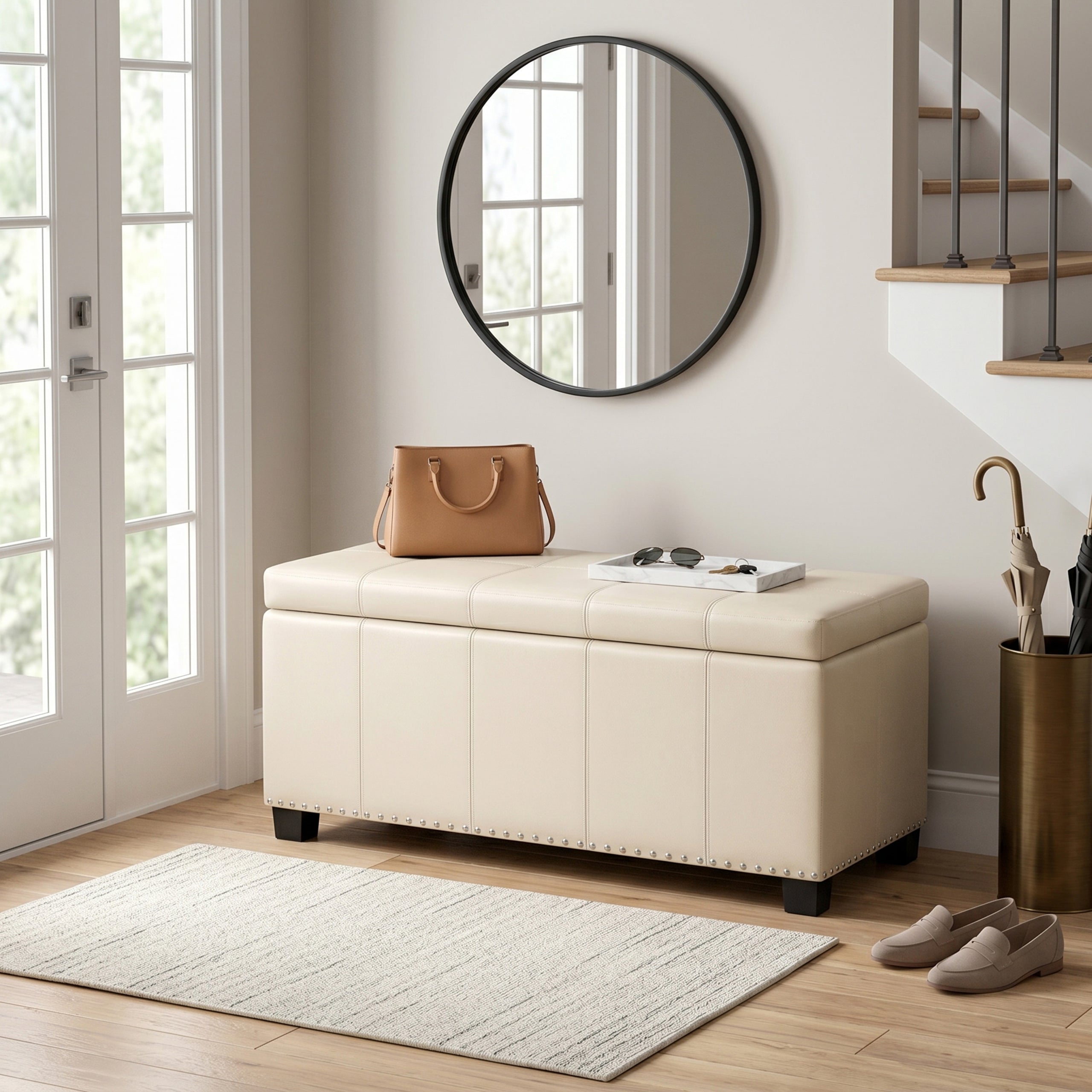Satin Cream Vegan Leather | Amelia Storage Ottoman Bench
