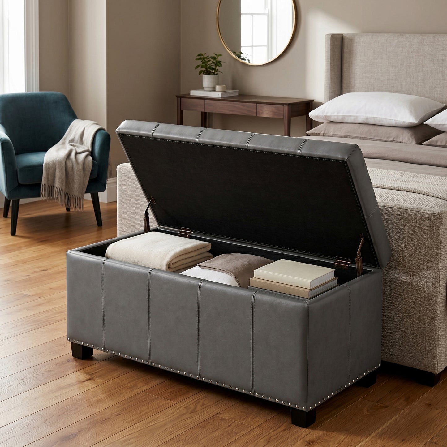 Stone Grey Vegan Leather | Amelia Storage Ottoman Bench