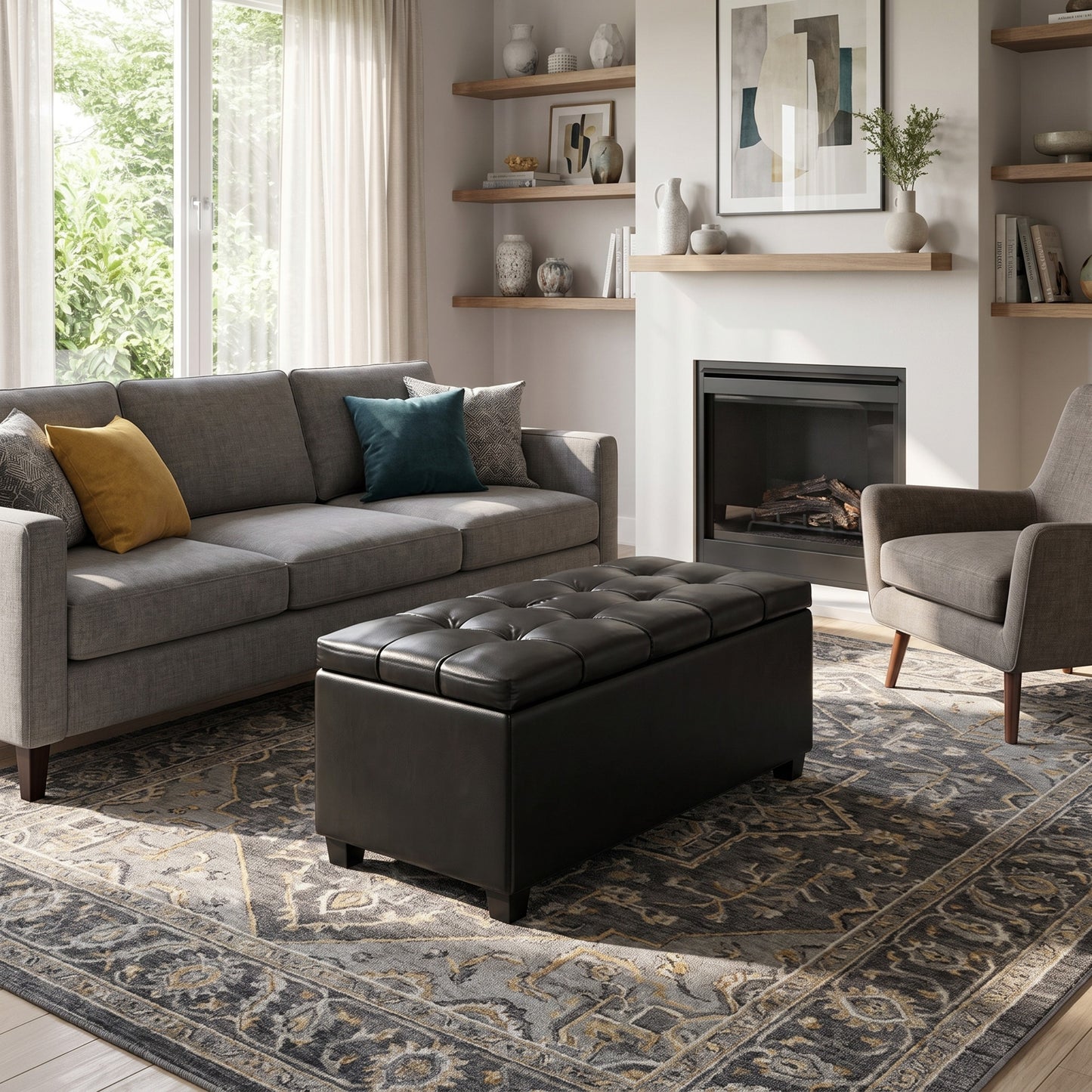 Midnight Black Vegan Leather | Sienna Storage Ottoman in Vegan Leather