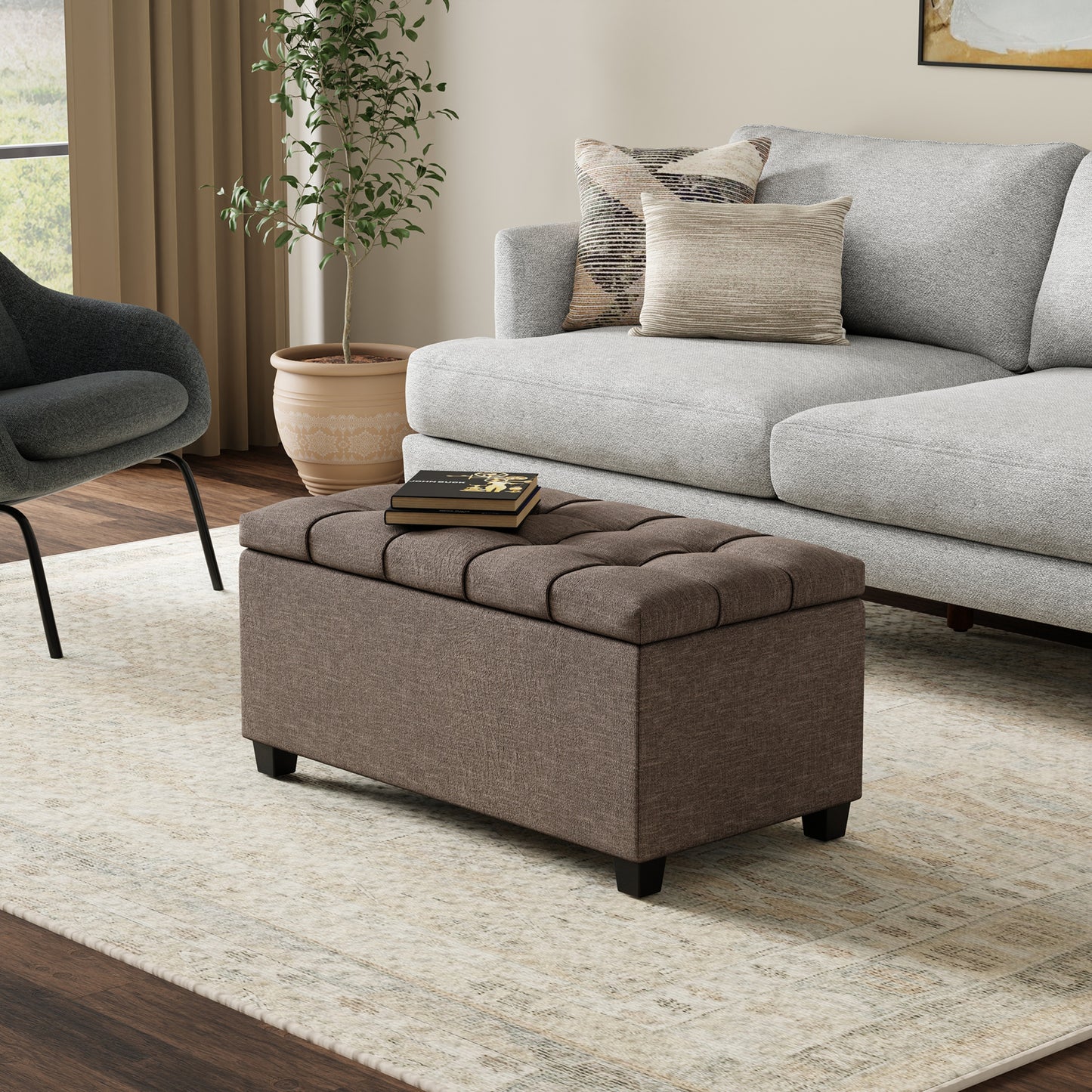 Fawn Brown Linen Style Fabric | Sienna Storage Ottoman in Linen