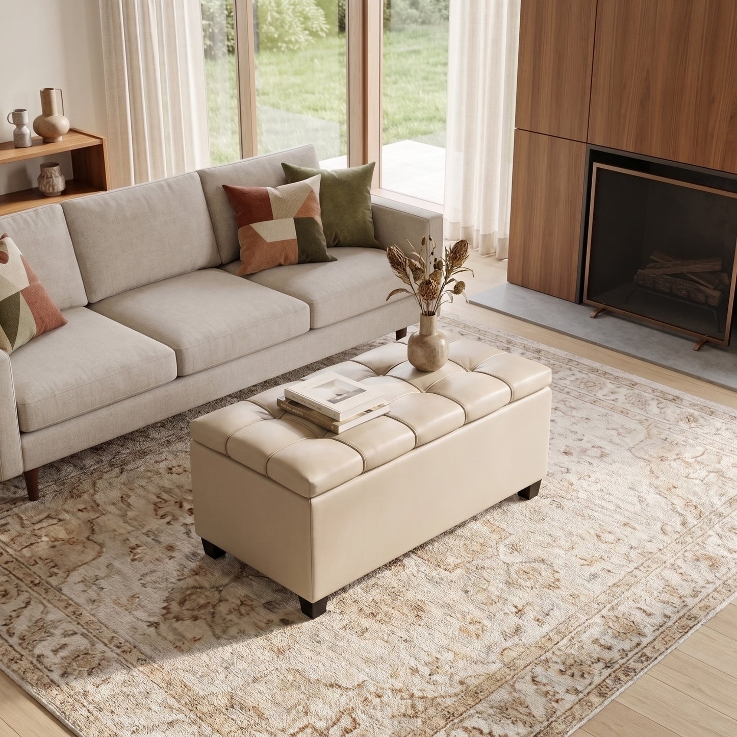 Satin Cream Vegan Leather | Sienna Storage Ottoman in Vegan Leather