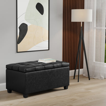 Distressed Black Distressed Vegan Leather | Sienna Storage Ottoman in Distressed Vegan Leather