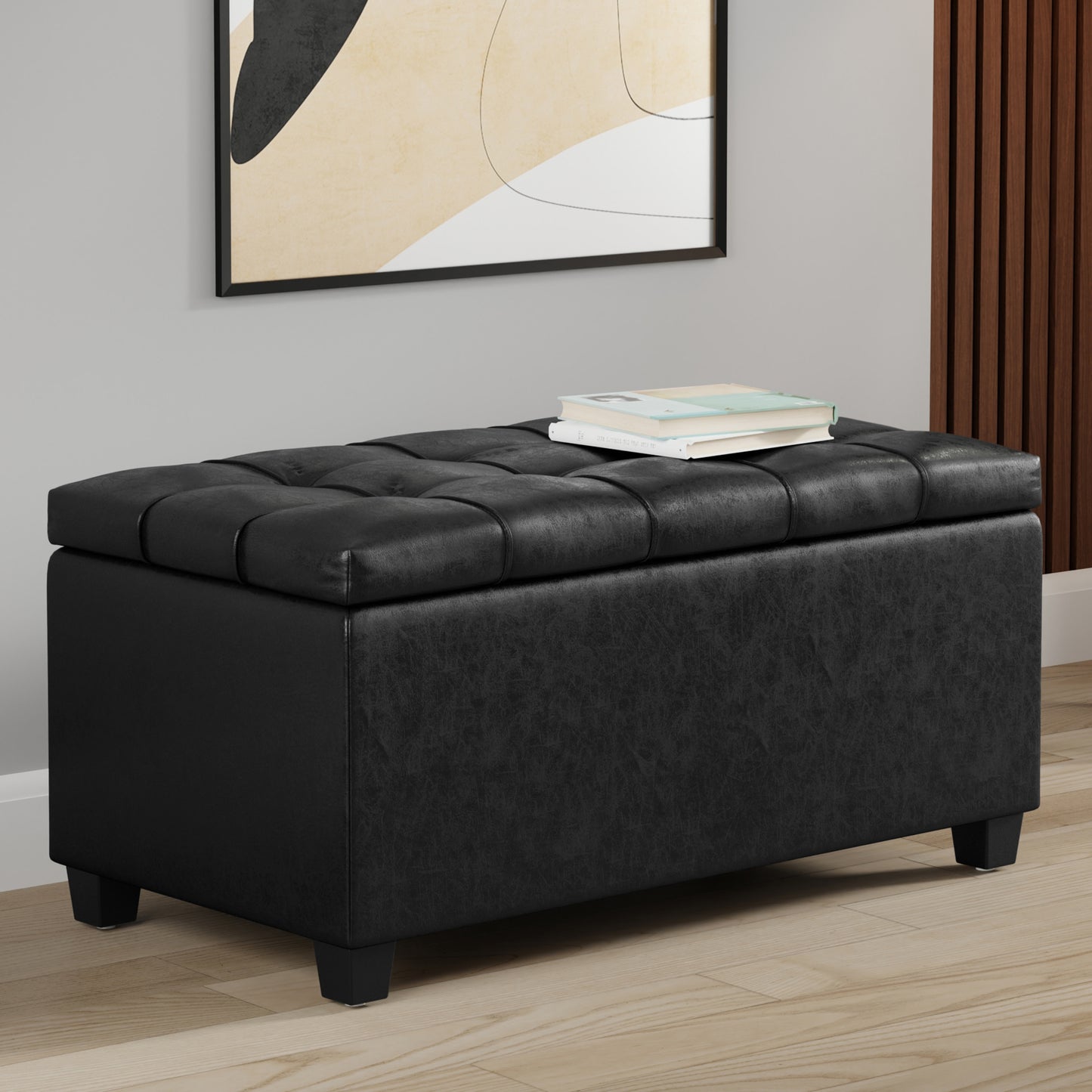 Distressed Black Distressed Vegan Leather | Sienna Storage Ottoman in Distressed Vegan Leather
