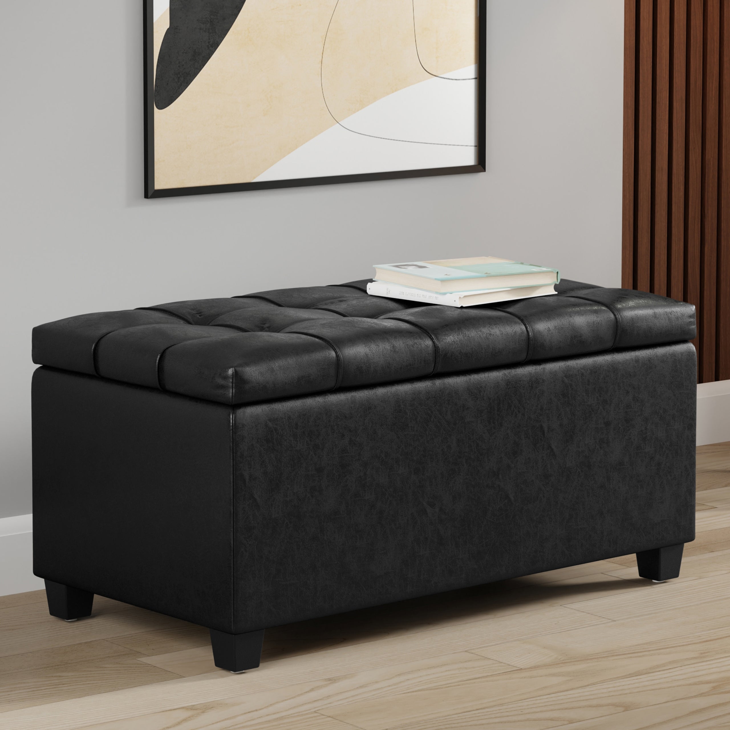 Distressed Black Distressed Vegan Leather | Sienna Storage Ottoman in Distressed Vegan Leather