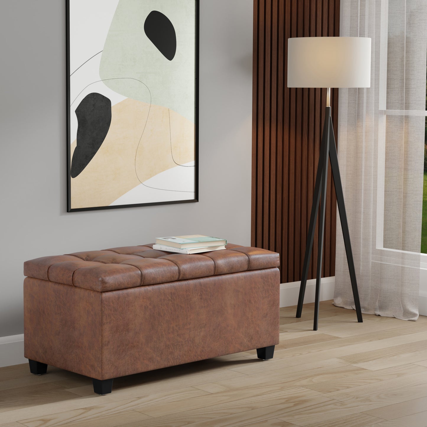 Distressed Saddle Brown Distressed Vegan Leather | Sienna Storage Ottoman in Distressed Vegan Leather