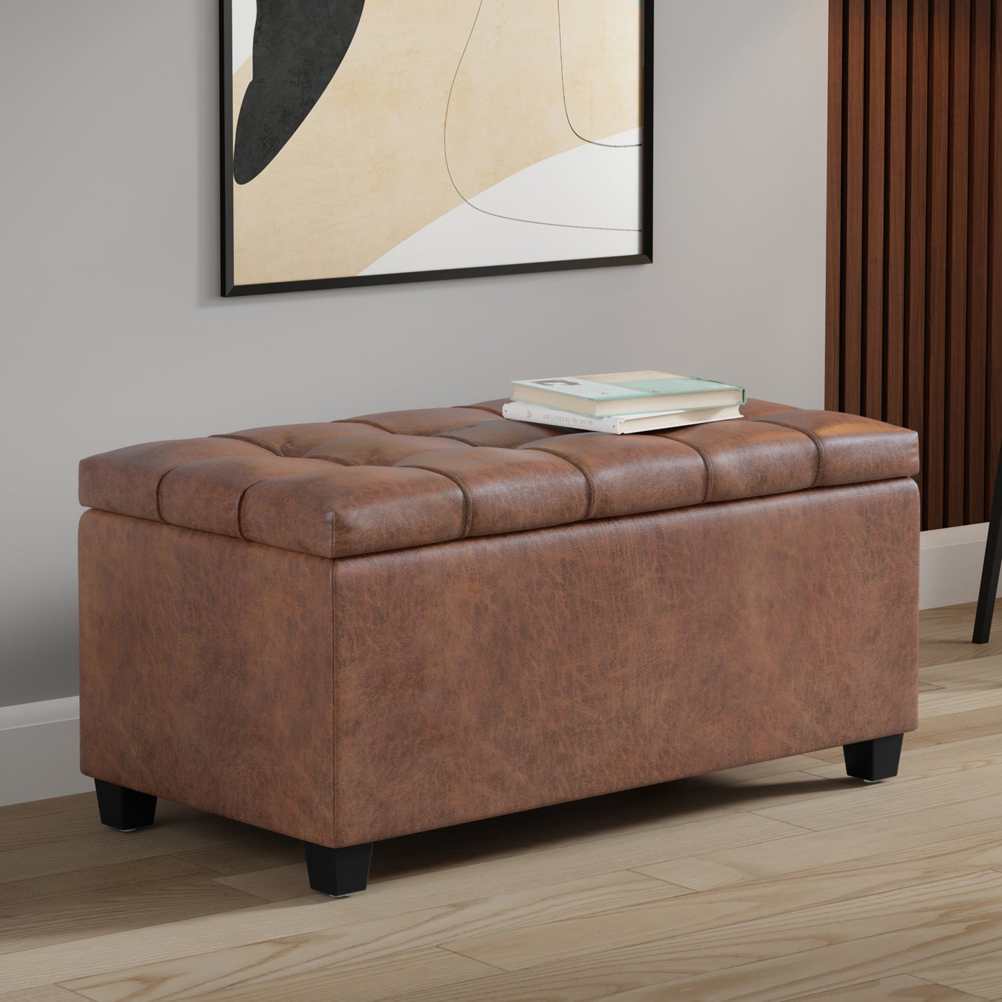 Distressed Saddle Brown Distressed Vegan Leather | Sienna Storage Ottoman in Distressed Vegan Leather
