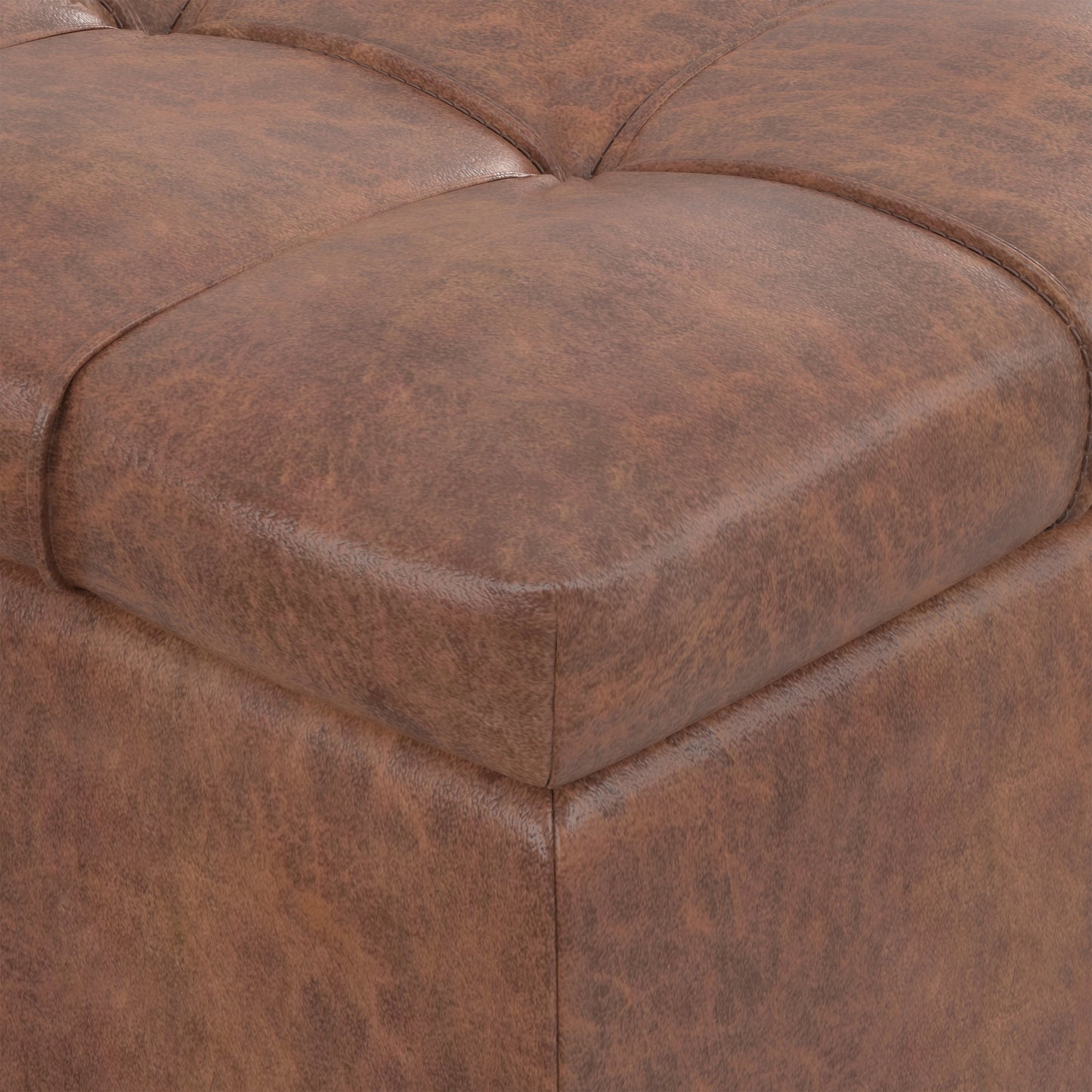 Distressed Saddle Brown Distressed Vegan Leather | Sienna Storage Ottoman in Distressed Vegan Leather