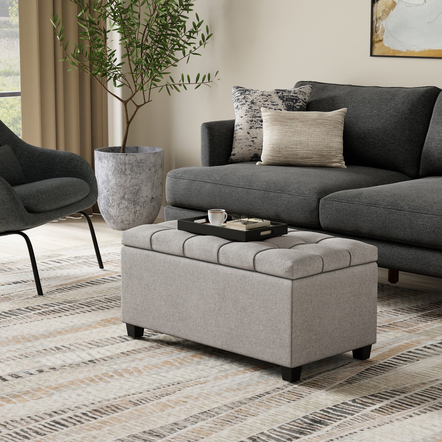 Cloud Grey Linen Style Fabric | Sienna Storage Ottoman in Linen