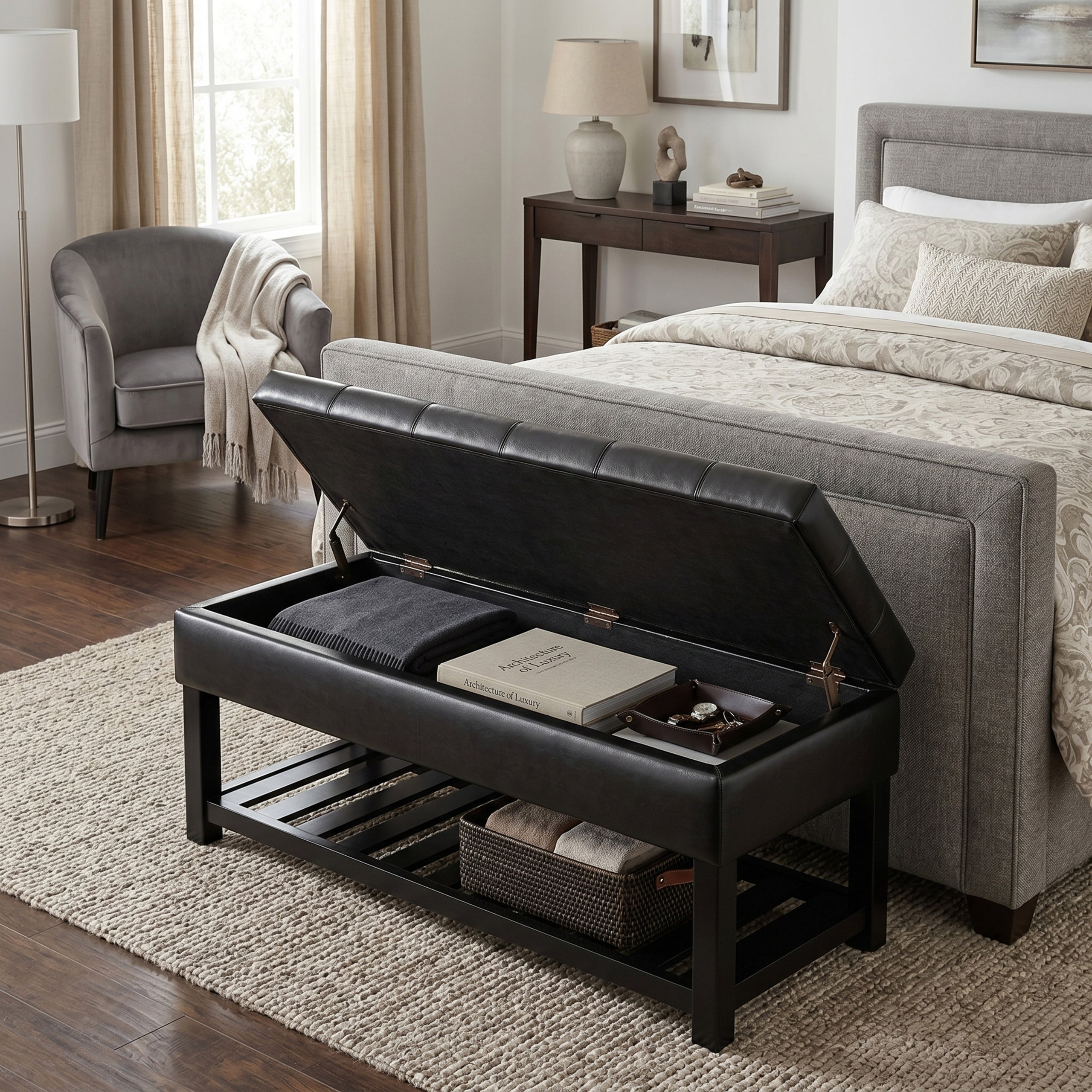 Midnight Black Vegan Leather | Saxon Storage Ottoman Bench