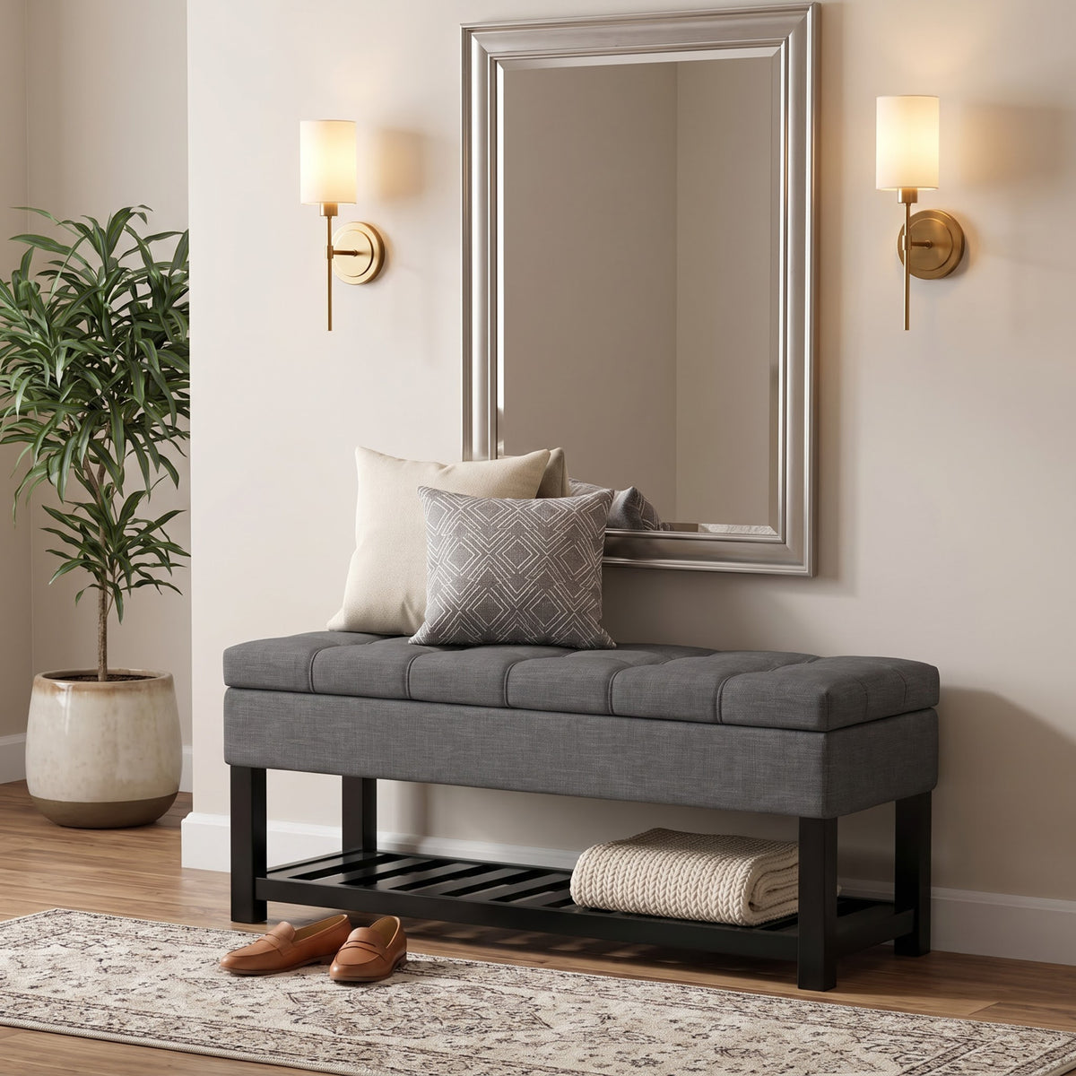 Slate Grey Linen Style Fabric | Saxon Storage Ottoman Bench