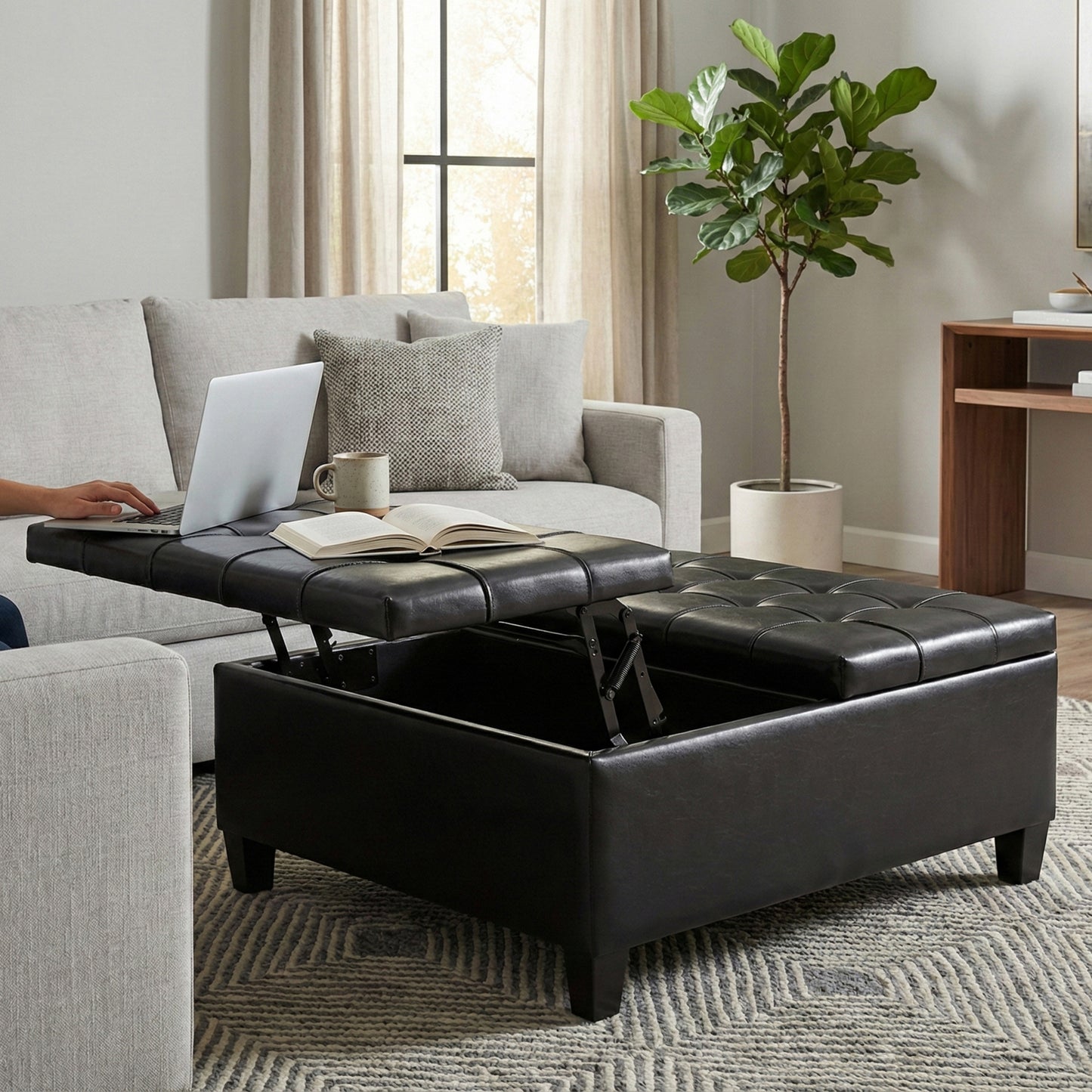 Midnight Black Vegan Leather | Harrison Coffee Table Storage Ottoman