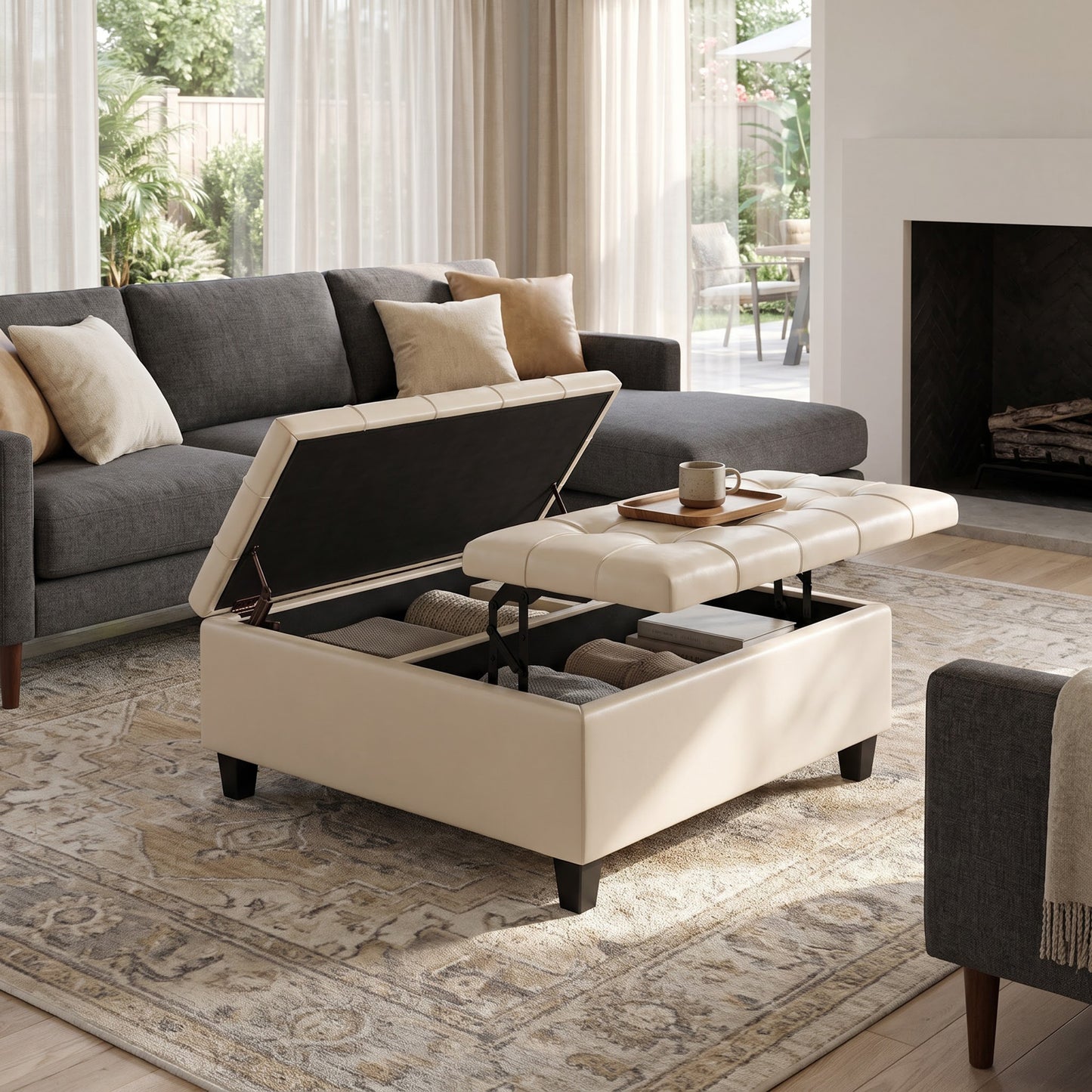 Satin Cream Vegan Leather | Harrison Coffee Table Storage Ottoman