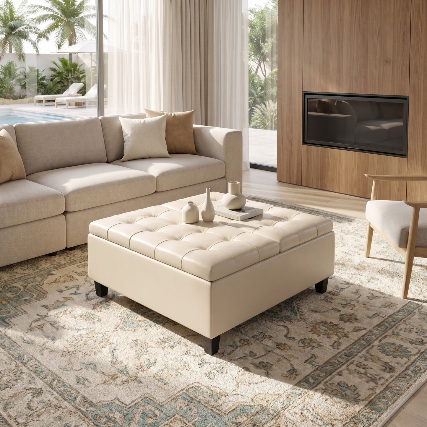 Satin Cream Vegan Leather | Harrison Coffee Table Storage Ottoman