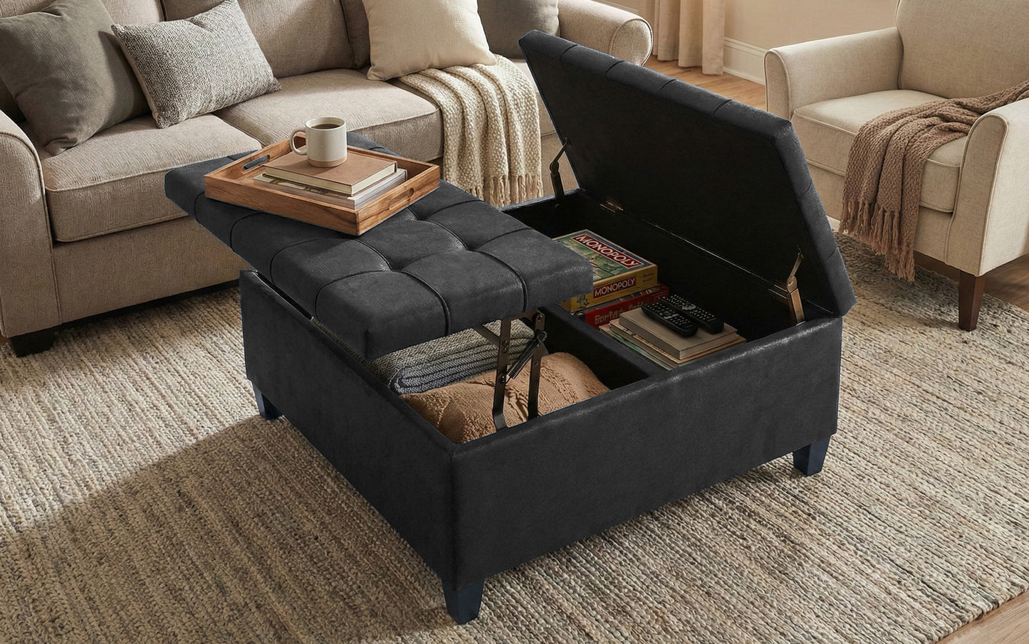 Distressed Black Distressed Vegan Leather | Harrison Coffee Table Storage Ottoman