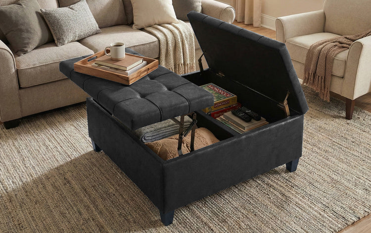 Distressed Black Distressed Vegan Leather | Harrison Coffee Table Storage Ottoman