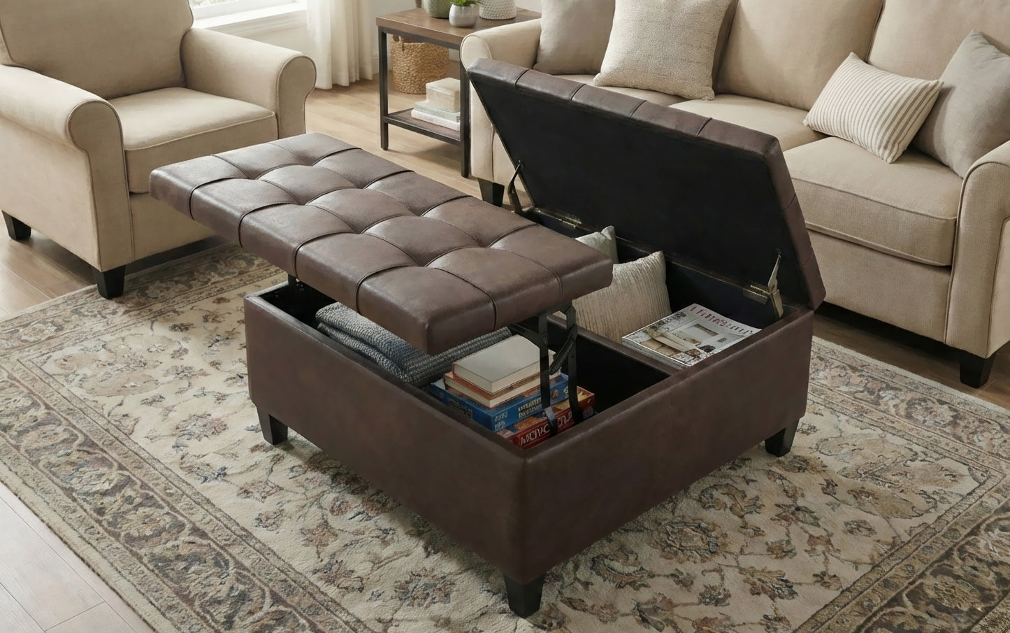 Distressed Brown Distressed Vegan Leather | Harrison Coffee Table Storage Ottoman
