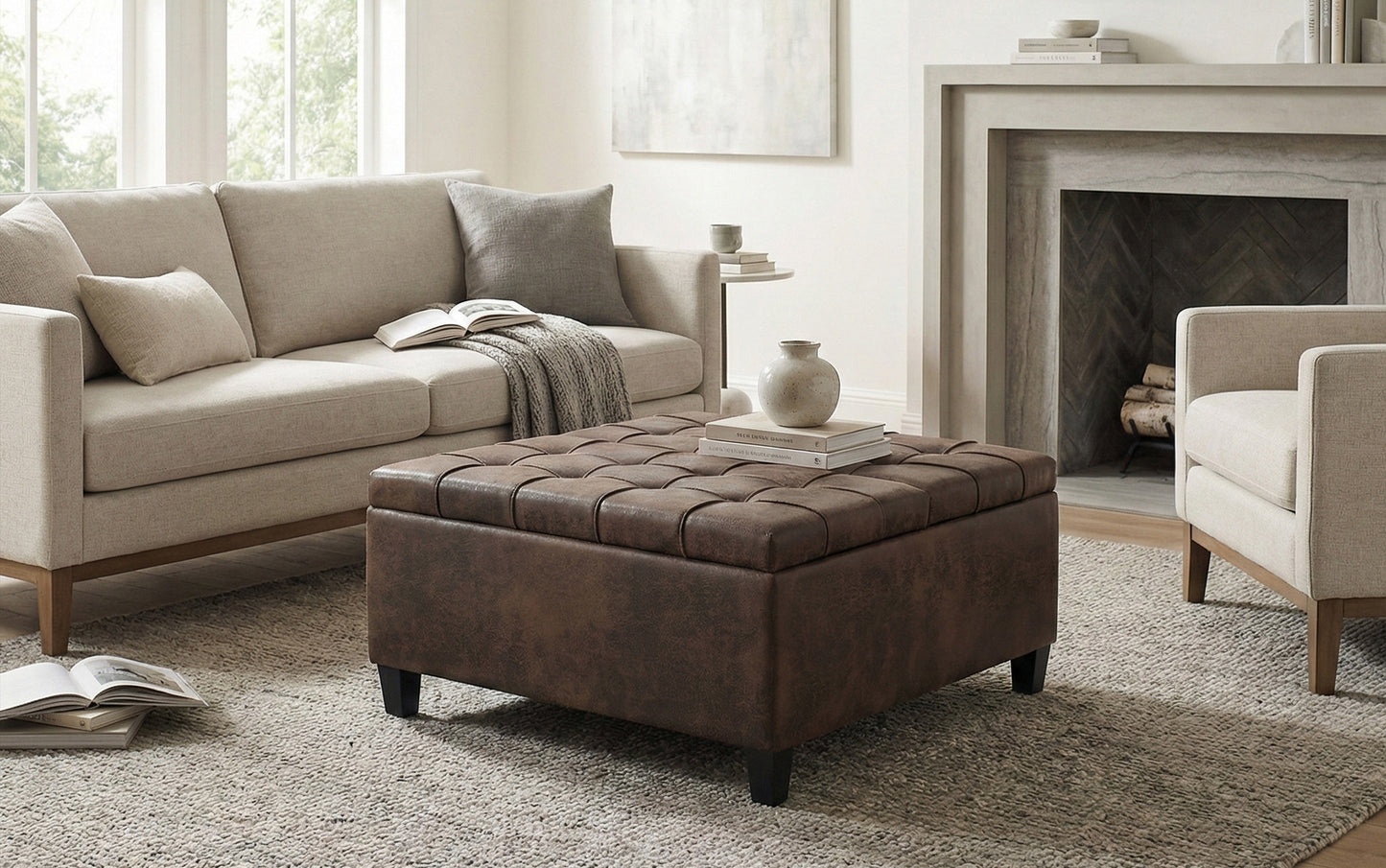 Distressed Brown Distressed Vegan Leather | Harrison Coffee Table Storage Ottoman