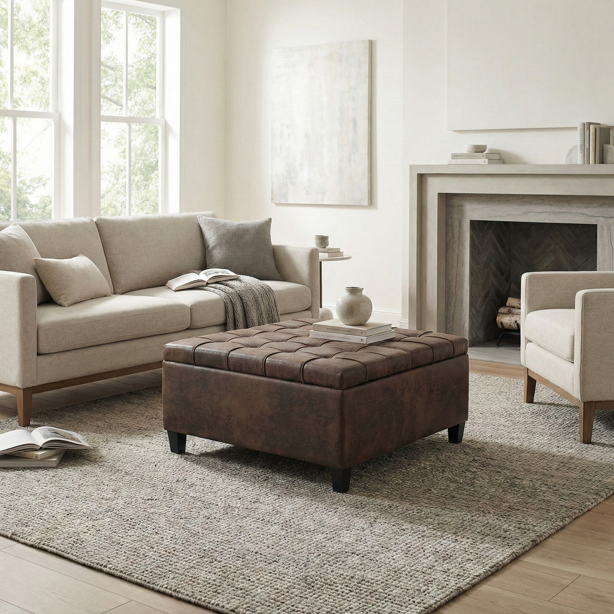 Distressed Brown Distressed Vegan Leather | Harrison Coffee Table Storage Ottoman