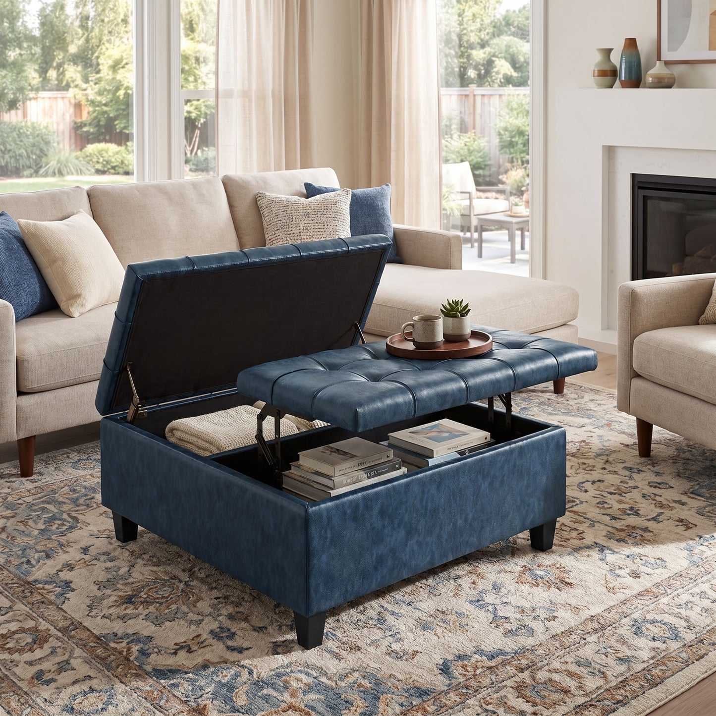 Denim Blue Vegan Leather | Harrison Coffee Table Storage Ottoman