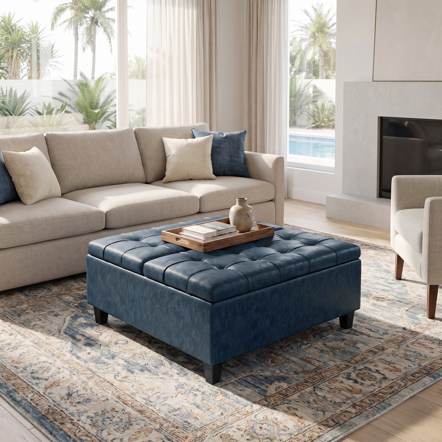 Denim Blue Vegan Leather | Harrison Coffee Table Storage Ottoman