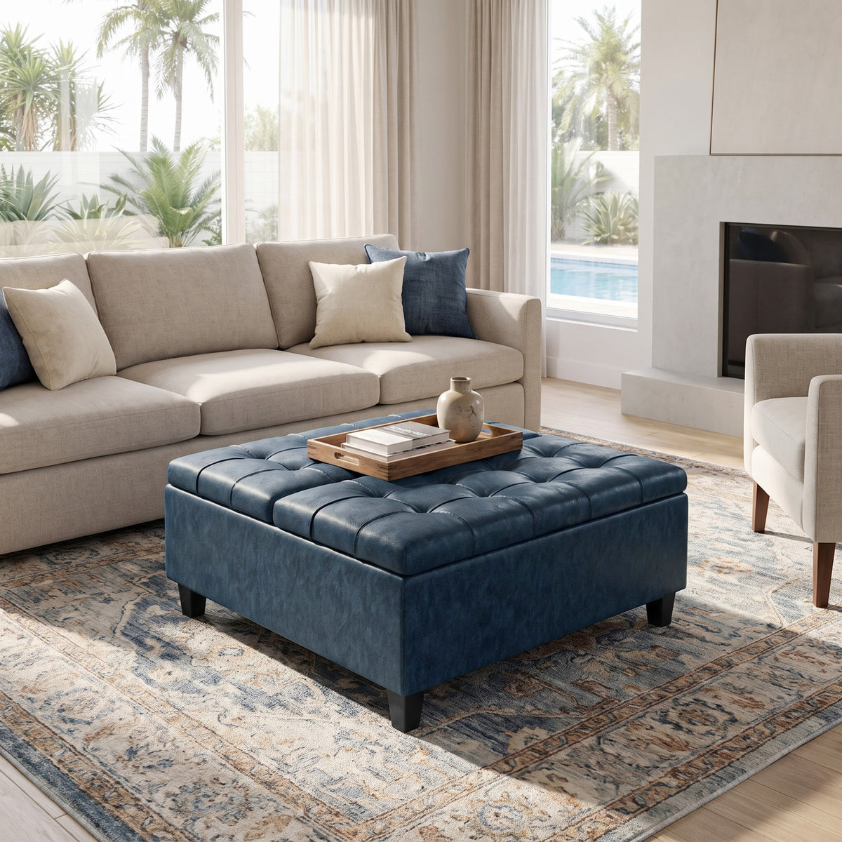 Denim Blue Vegan Leather | Harrison Coffee Table Storage Ottoman
