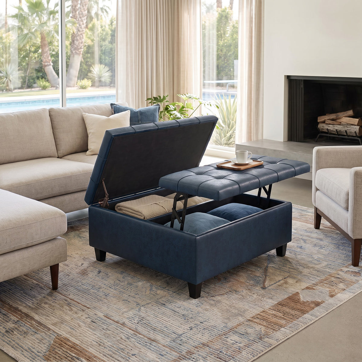 Distressed Dark Blue Distressed Vegan Leather | Harrison Coffee Table Storage Ottoman