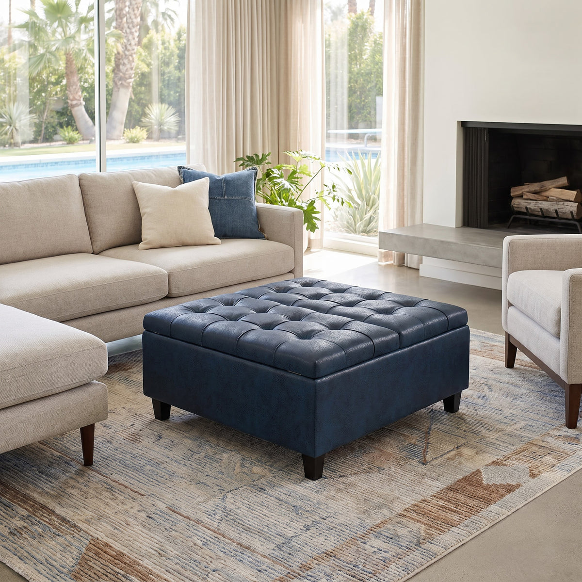 Distressed Dark Blue Distressed Vegan Leather | Harrison Coffee Table Storage Ottoman