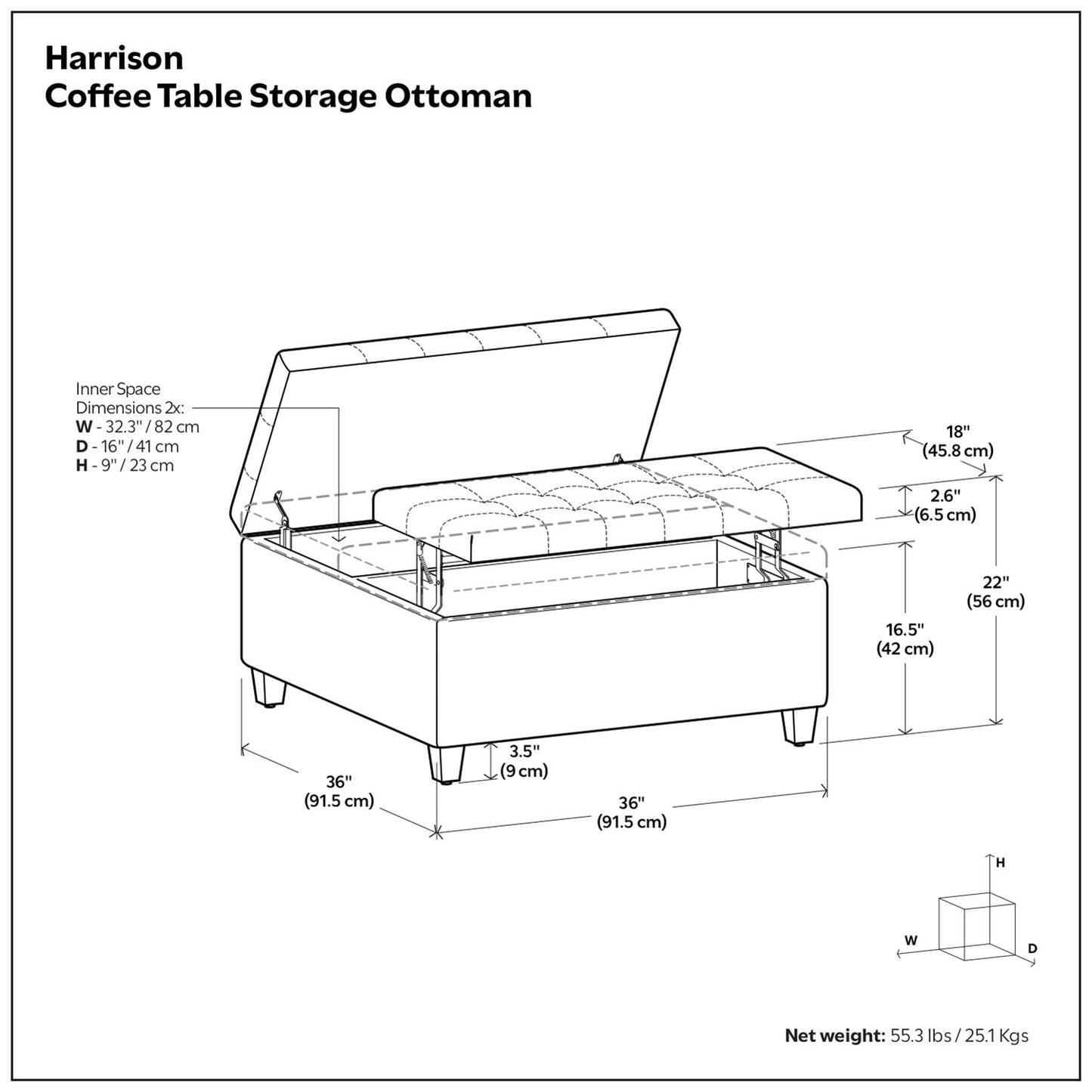 Distressed Graphite Black Distressed Vegan Leather | Harrison Coffee Table Storage Ottoman in Distressed Graphite Black