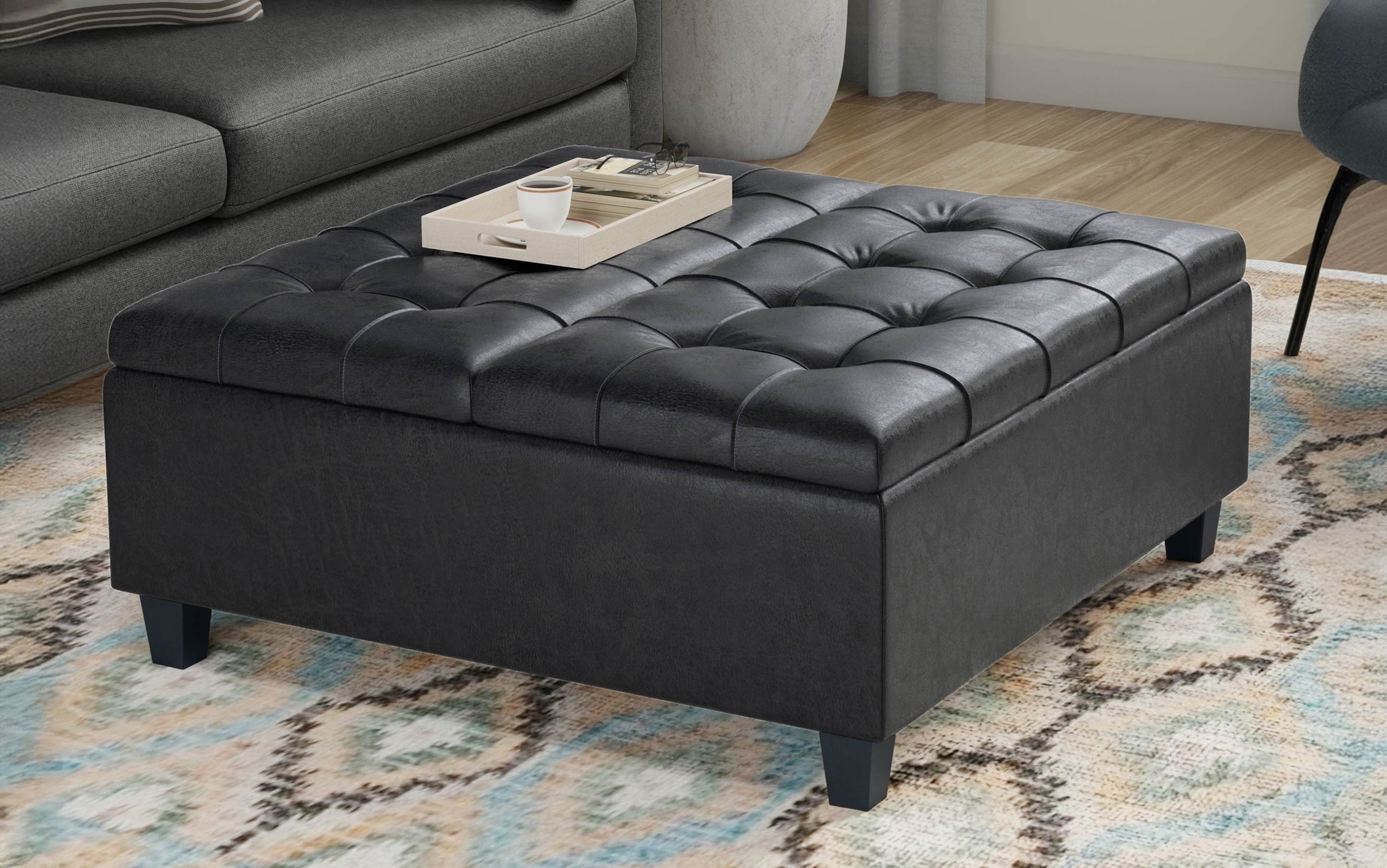 Distressed Graphite Black Distressed Vegan Leather | Harrison Coffee Table Storage Ottoman in Distressed Graphite Black
