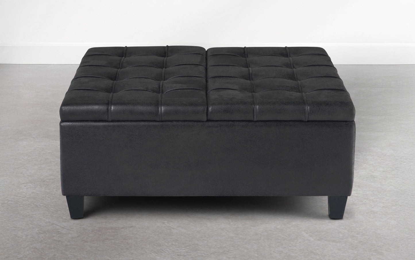 Distressed Graphite Black Distressed Vegan Leather | Harrison Coffee Table Storage Ottoman in Distressed Graphite Black