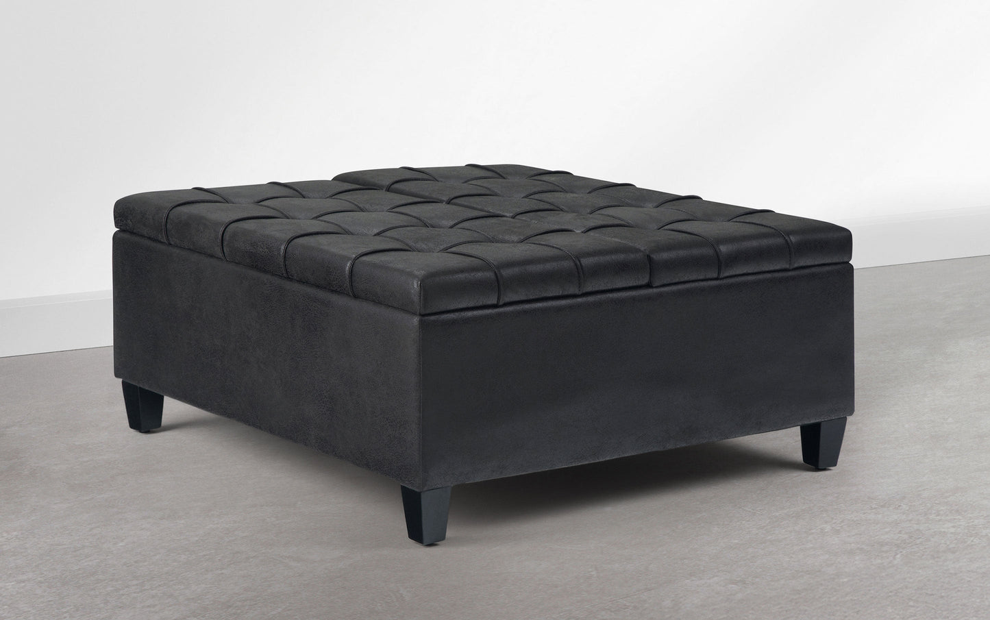Distressed Graphite Black Distressed Vegan Leather | Harrison Coffee Table Storage Ottoman in Distressed Graphite Black
