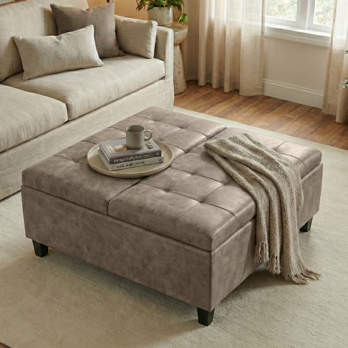 Distressed Smoky Grey Brown Distressed Vegan Leather | Harrison Coffee Table Storage Ottoman