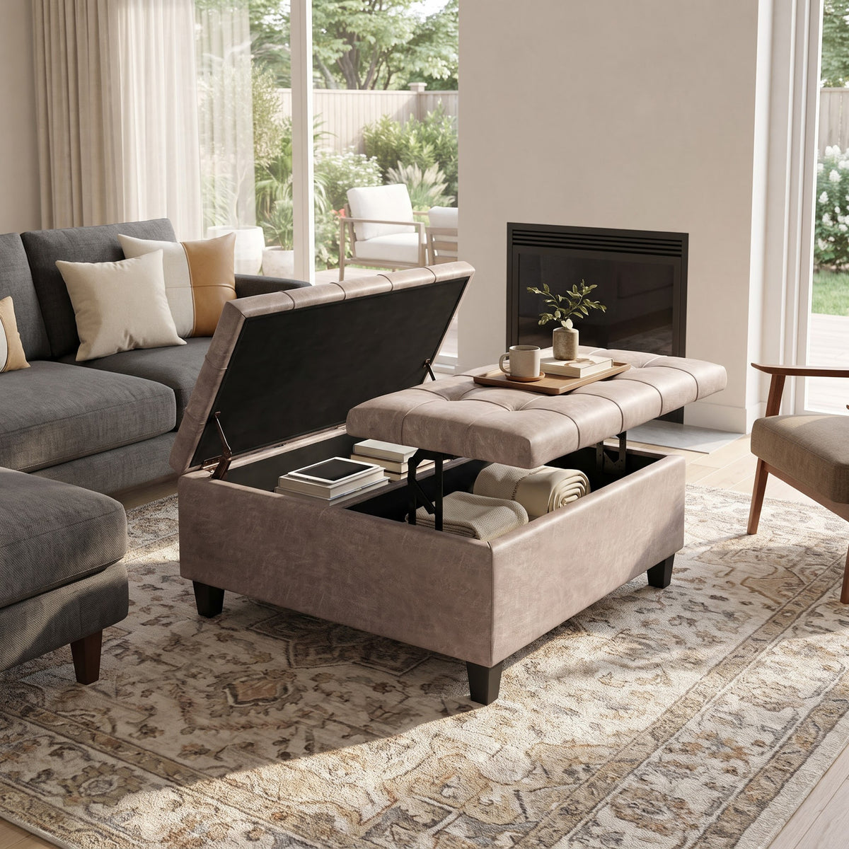 Distressed Grey Taupe Distressed Vegan Leather | Harrison Coffee Table Storage Ottoman