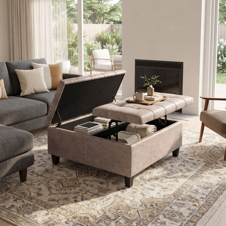 Distressed Grey Taupe Distressed Vegan Leather | Harrison Coffee Table Storage Ottoman